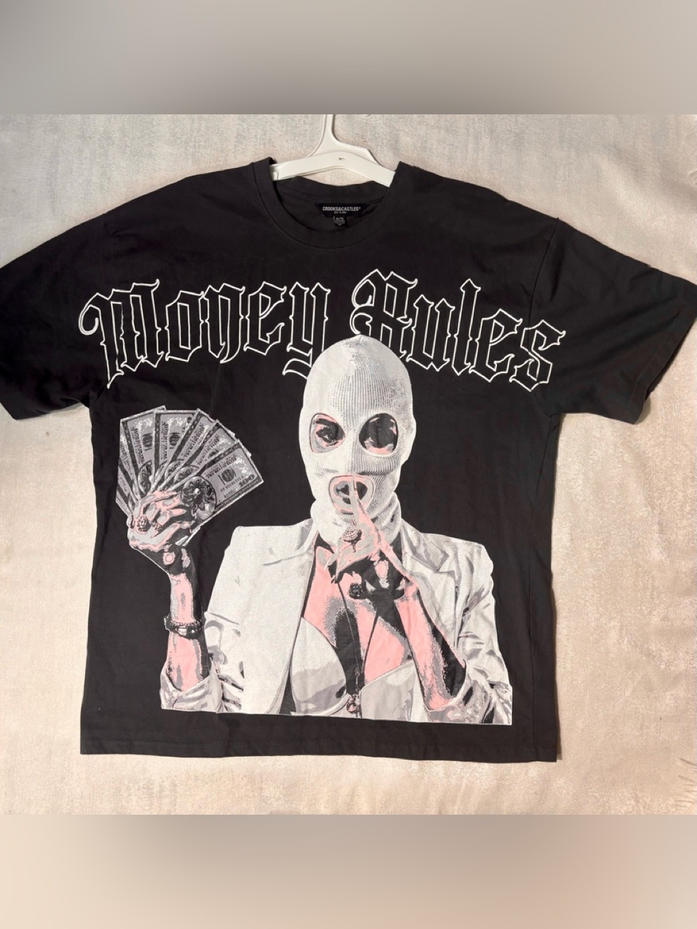 Crooks & Castles Black Graphic 'Money Rules' Ski Mask T-Shirt Streetwear Y2K. XL